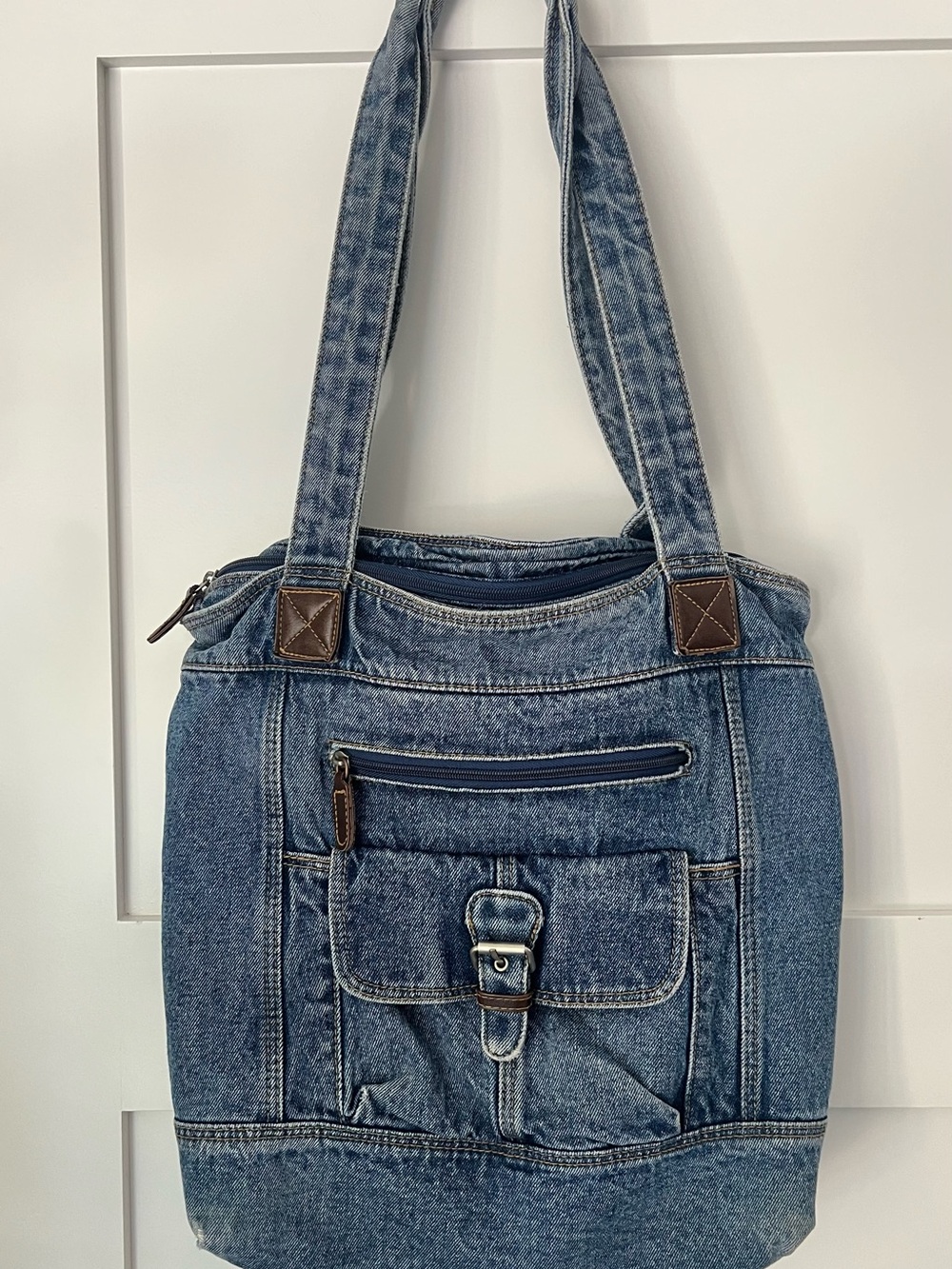 Y2K 100% Cotton Denim Shoulder Tote Bag Blue Jean Buckle Leather Trim - Picture 8 of 15